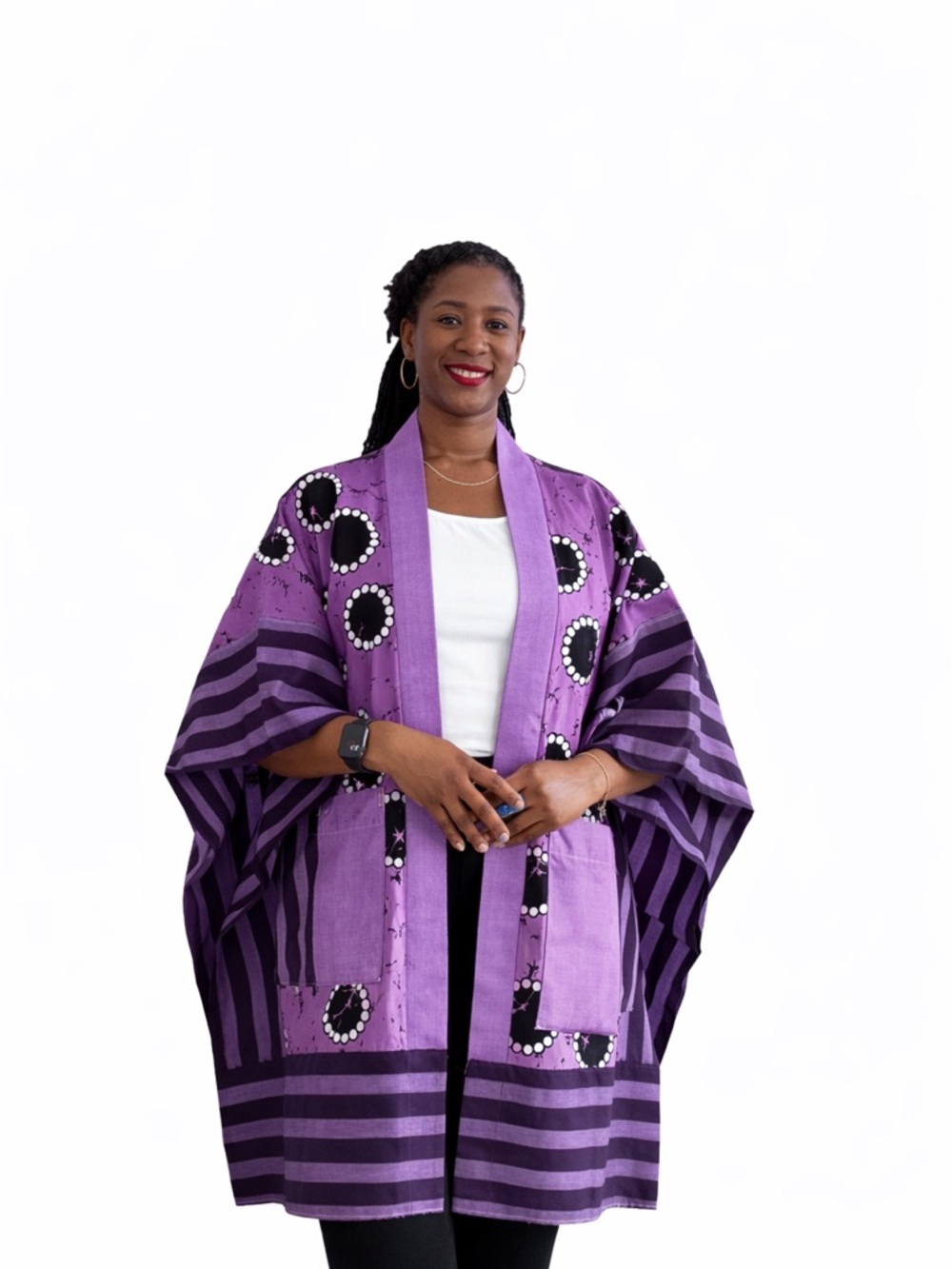 Purple Patterned Kimono in African Print hand-woven fabric (Ankara and Aso Oke)